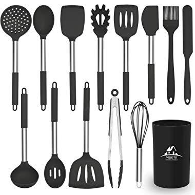 MIBOTE Kitchen Utensils Set, 14 pcs Silicone Cooking Kitchen Utensils Set with Heat Resistant BPA-Free Silicone and Stainless Steel Handle Turner Spatula Spoon Tongs Whisk Cookware Kitchen Tools Set