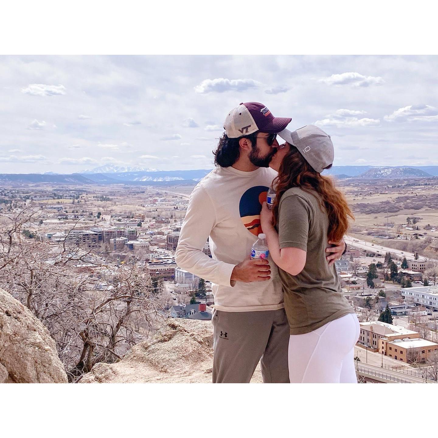 This was our trip to Colorado for wedding dress shopping and a venue tour! We went for a sweet little hike on Easter morning. This is at the top of the Castle Rock in Castle Rock, CO.