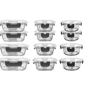 NutriChef Stackable Borosilicate Glass Food Storage Containers Set, 8”H x 16-1/4”W x 12”D, Clear, Set Of 24 Pieces