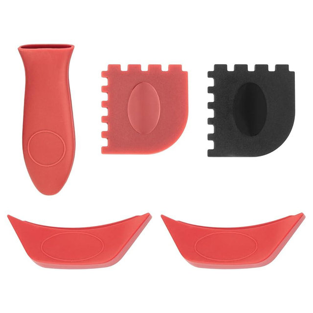 Silicone Handle Holder Compatible with Lodge Pan Handle, One Single Red Silicone Hot Handle Holder, 2 Red Asahh41 Assist Handle Cover and 2 Grill Pan Scraper, 5 Pack