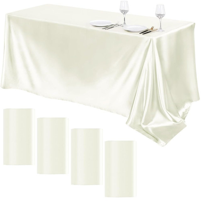 TURSTIN 4 Packs Satin Tablecloth 102 x 58 Inch Overlay Satin Table Cover Rectangle Bright Silk Tablecloth Smooth Fabric Table Decoration for Wedding Banquet Party Events, Ivory