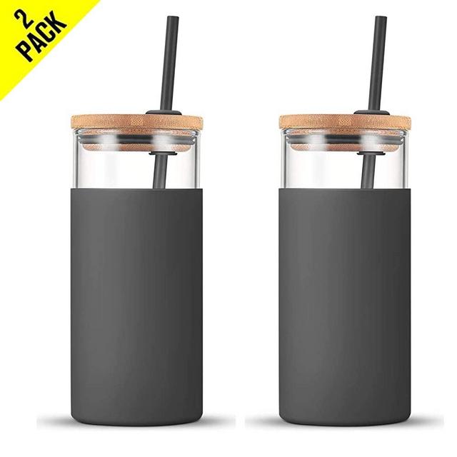 Tronco 20oz Glass Water Bottle with Silicone Protective Sleeve and Bamboo Lid - BPA Free