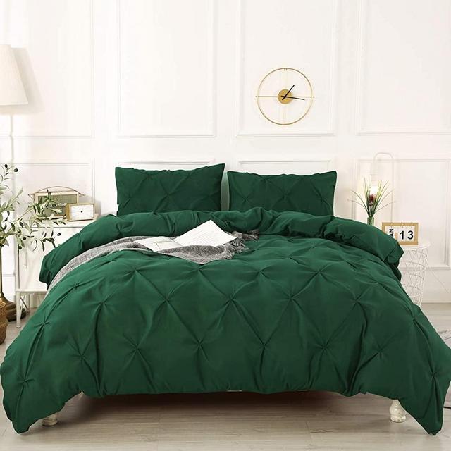Litanika Green Queen Pinch Pleat Duvet Cover, 3 Pieces Pintuck Cover Soft Microfiber Bedding Set with Zipper Closure & Corner Ties(90x90Inch-1 Duvet Cover, 2 Pillowcases)