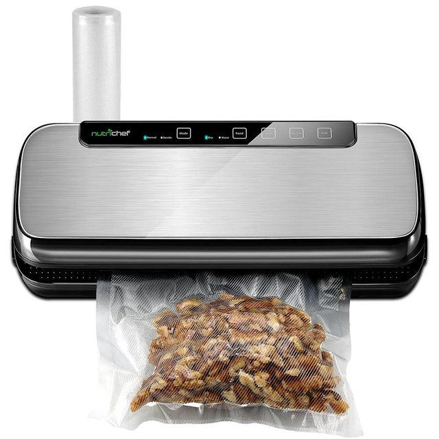 NutriChef Food Vacuum Sealer Machine, 110W Stainless Steel Automatic Chamber Vacuum Sealer with LED Touch Controls, For Food Storage, 5 Reusable Vacuum Bags, Hose & Wine Stopper, 14" x 6" x 3"