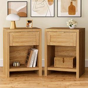 Nightstand with Drawers Set of 2 Farmhouse Nightstands Natural Oak