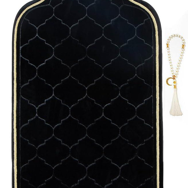 YAZEIN Muslim Prayer Rug with Tasbih Prayer Beads, Soft Memory Foam Prayer Matt Islam, Padded Islamic Prayer Mat Thick for Men and Women, Janamaz, Sajadah (25.6" x 43.3", Black)