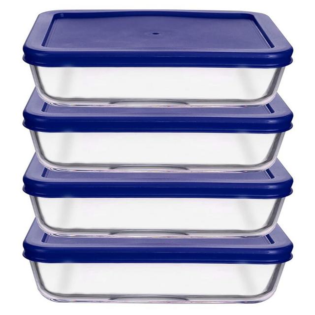 BOVADO USA 3 Cup Glass Food Storage Containers (4 Pack) | Nonpourous Dishwasher, Freezer & Oven Safe Glass, Easy-Clean | Blue Lids