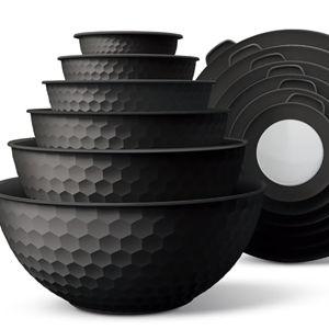 COOK WITH COLOR Mixing Bowls with Lids - 12 Piece Plastic Nesting Bowls Set includes 6 Prep Bowls and 6 Lids, Microwave Safe Mixing Bowl Set, Black Embossed