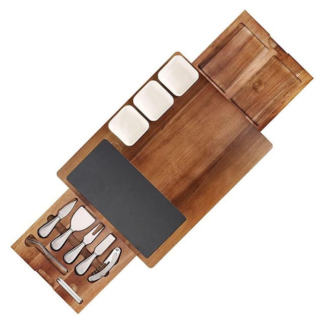 MOSONIC Charcuterie Board Set - Large Acacia Wood Cheese Board and Knife Set with Slate Plate, Gifts for Housewarming Wedding Birthday Easter Mother's Day Thanksgiving Christmas Anniversary