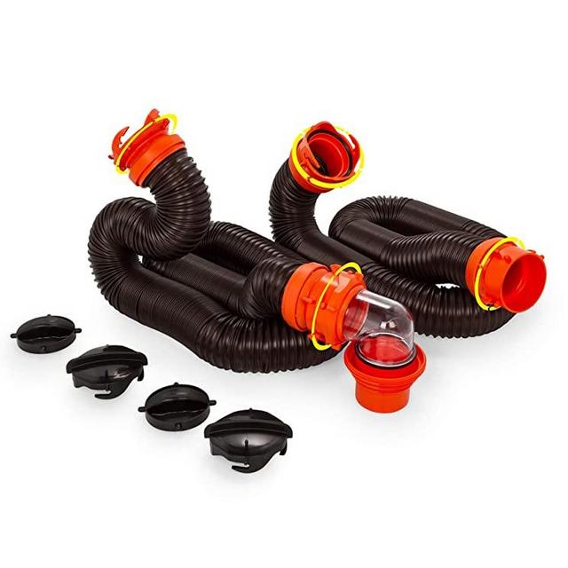 Camco 20' (39742) RhinoFLEX 20-Foot RV Sewer Hose Kit, Swivel Transparent Elbow with 4-in-1 Dump Station Fitting-Storage Caps Included