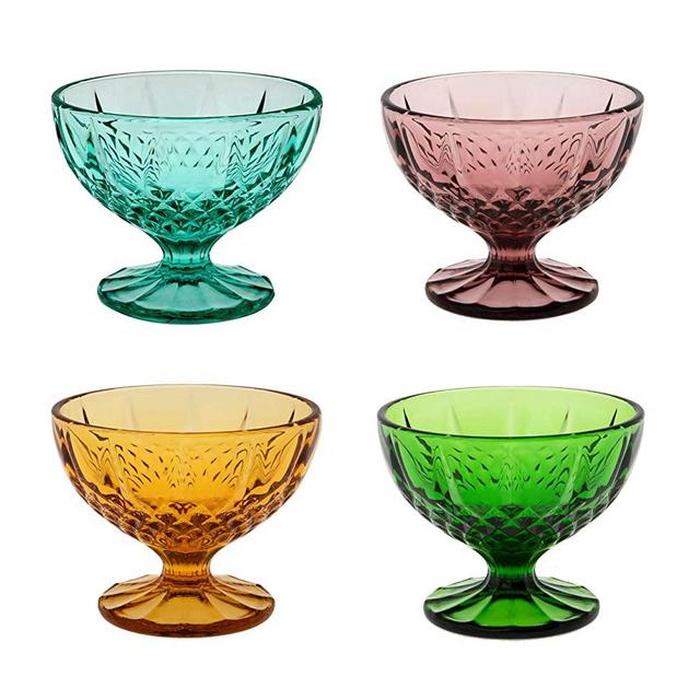 KMwares 4PCs Set 8oz Colored Footed Glass Dessert Bowls/Cups with Colorful Crystal Diamond Pattern - For Dessert, Sundae, Ice Cream, Smoothie, Fruit, Salad, Snack, Cocktail, Condiment, Wedding Party