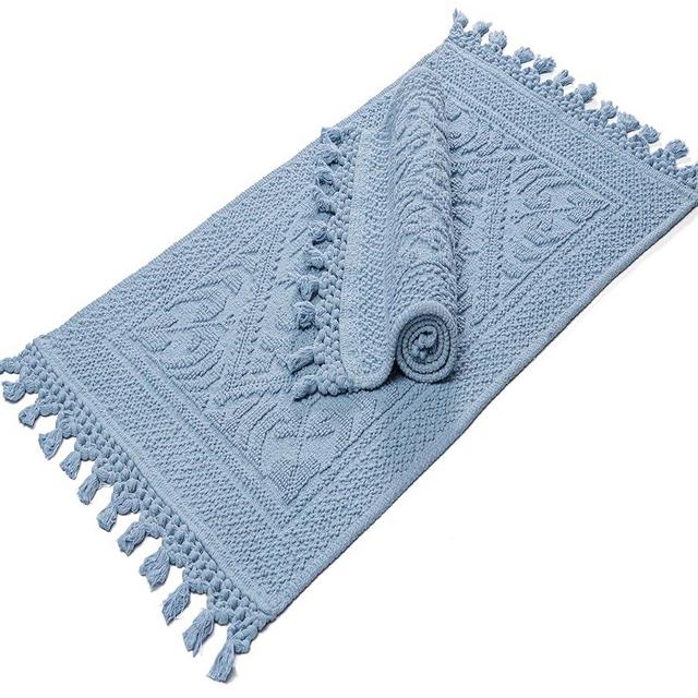 Savi Home Cotton Woven Jacquard Bathroom Rug Set of 2, Woven Fringe Bathroom Mats, 100% Cotton, Non - Slip Bath Mat, Durable Thick Bath Mat 17”x30”& 20"x38" with Fringes, Sky Blue
