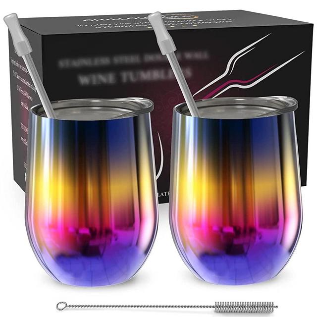 CHILLOUT LIFE Stainless Steel Wine Tumblers 2 Pack 12 oz - Double Wall Vacuum Insulated Wine Cups with Lids and Straws Set for Coffee, Wine, Cocktails (Rainbow)