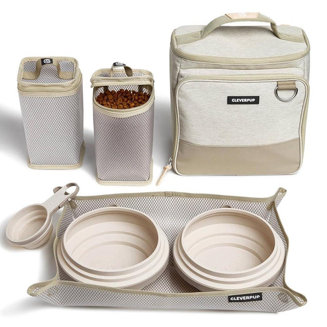 Cleverpup, Large 7-Piece Bistro Box Dog Food Travel Kit, 12-Cup Kibble Storage, 2 Silicone Bowls, Mat & Scoop - Premium Portable Pet Food Kit for Weekends, Overnights, Daycare & Camping, Sand