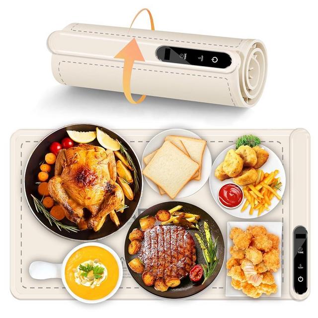Silicone Electric Food Warmer Mat: Upgrade Temp Master Adjustable Warming Tray Foldable Heating Hot Plate Party Buffet Server Pad - Cream