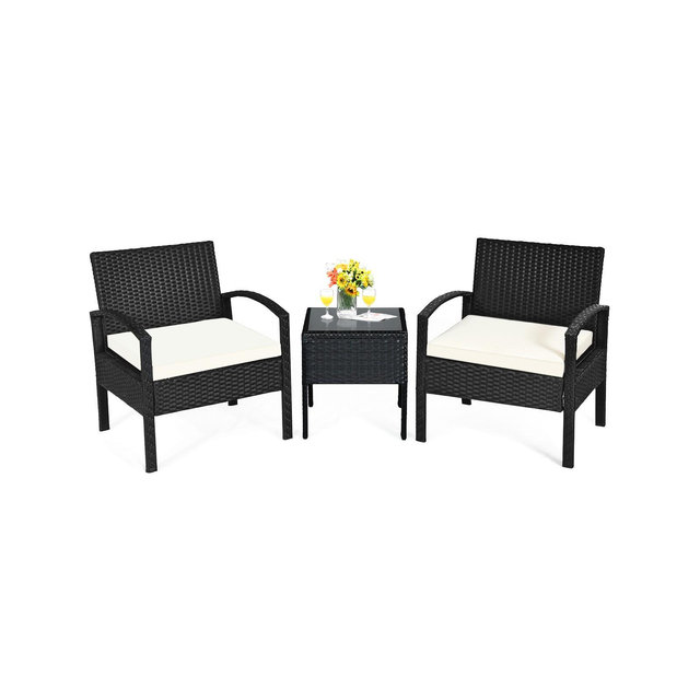 Tangkula 3 Pieces Patio Set Outdoor Wicker Rattan Furniture w/ Cushions