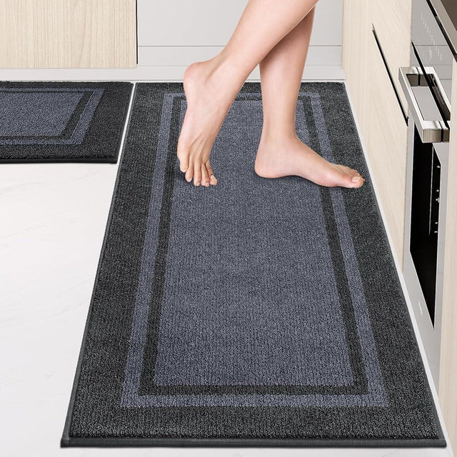 Kitchen Rugs Set (24" x 36"+24" x 60"), Non-Slip Machine Washable Kitchen Runner Rugs Floor Mats, Absorbent Comfort Standing Mat for Kitchen, Sink and Hallway, Rolled Packaging, Bluish Grey & Charcoal