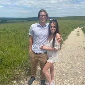 Moments after the proposal at Konza Prairie, August 2020