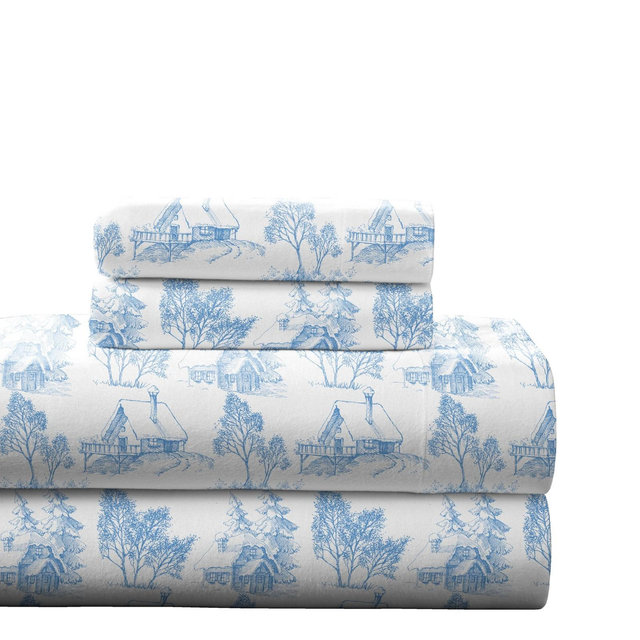 Pointehaven 180 GSM Cotton Flannel Sheet Set - King, Scenic Toile