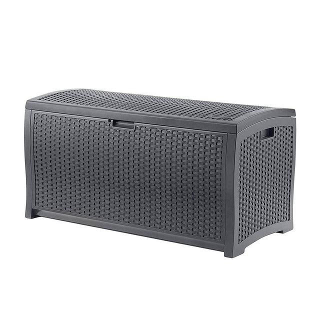Suncast 73 Gallon Medium Resin Wicker Indoor/Outdoor Storage Box for Garden Tools, Pool Accessories, and Patio Cushions, Cyberspace