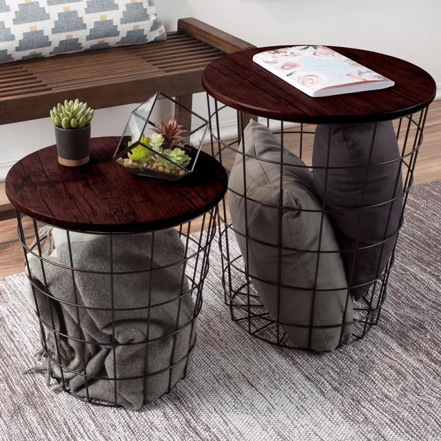 Nesting End Tables with Storage - Set of 2 Convertible Round Metal Storage Basket Base with Veneer Top - Accent Side Tables By Lavish Home (Cherry)