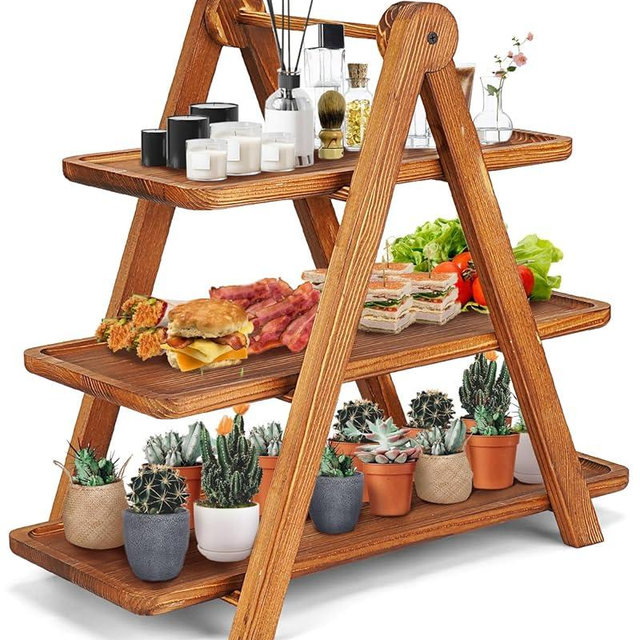 Manspdier Extra Large Wood 3 Tier Serving Tray Three Tiered Cupcake Stand, Rectangle Serving Platter Wooden Farmhouse Tiered Tray, Party Serving Brown Decorative Tray Decor