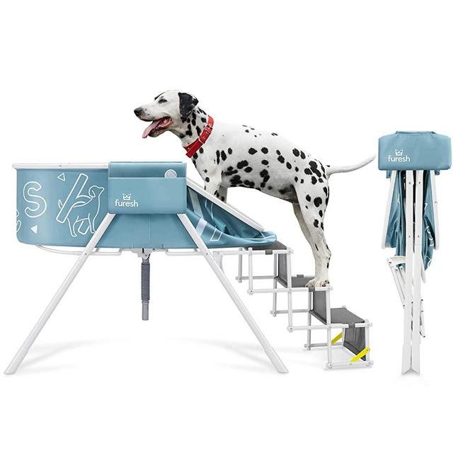 Furesh Steper Big Dog Bath Tub with Stairs, Elevated Portable Foldable Wash Station with Steps for Bathing, Shower and Grooming, Indoor, Outdoor, for Medium to Large Size Dogs (Large, Blue)