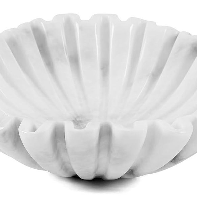 SPESHSTONES Marble Scalloped Bowl Handmade 10 Inch White Ruffle Bowl, Large Decorative Bowls for Home Decor, Modern Fruit Bowl for Kitchen Counter, Stone Fluted Bowl for Housewarming Gifts