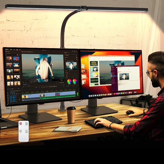 MACASA Double Head LED Desk Lamp with Remote Control for Home Office 24W Brightest Computer Desk Light for Workbench Drafting Architect Study Reading with Anti-Glare Cover