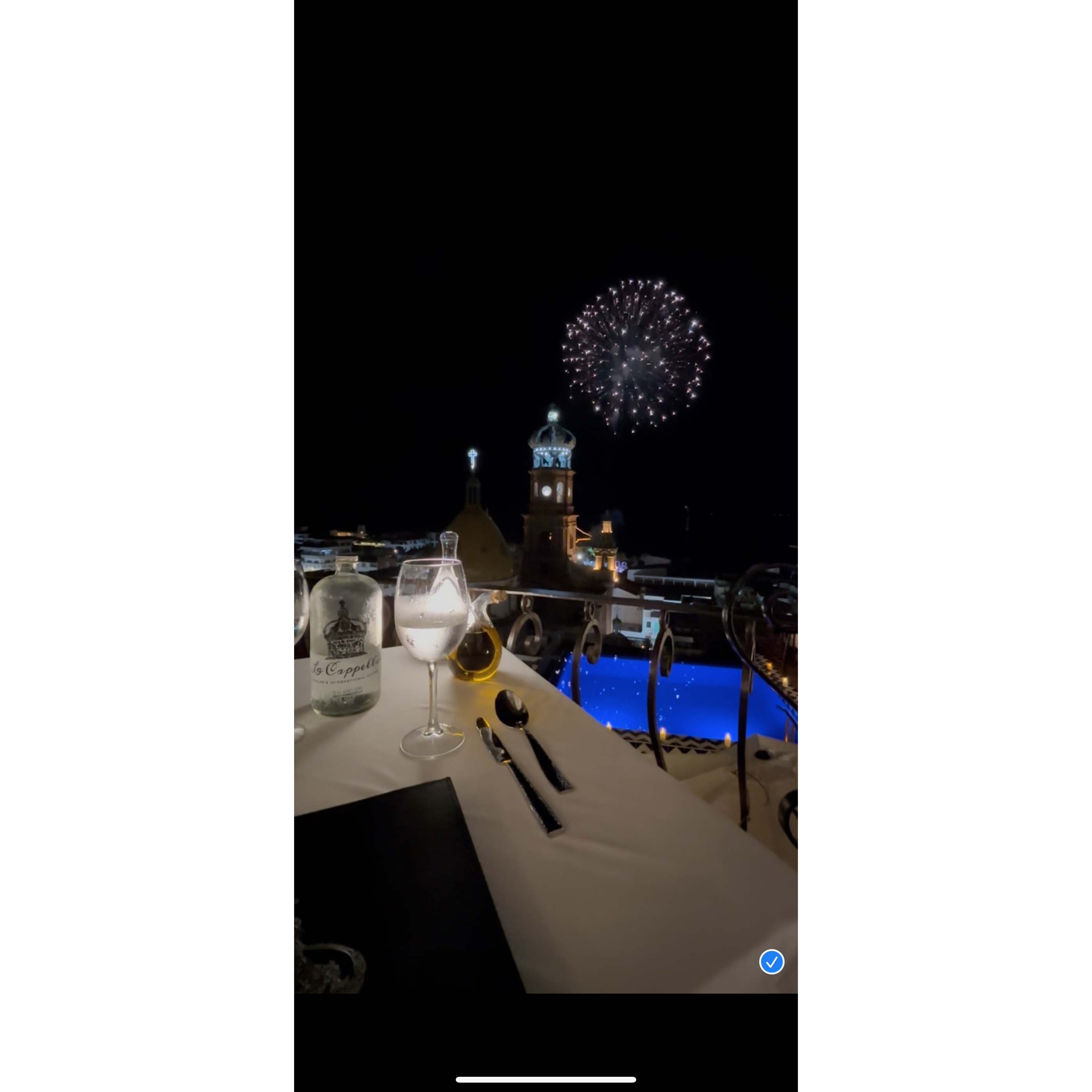 We had dinner at a beautiful Italian restaurant in Puerto Vallarta. It was high above the city, fireworks exploded in the bay as we had amazing food and wine. Such a romantic and beautiful night! -C