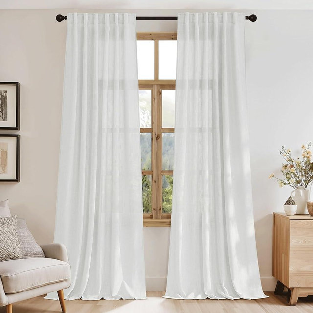 RYB HOME Living Room Curtains 84 inches Long, Non See Through Linen-Look Semi Sheer Flowing Drapes Light Filtering Privacy Protection for Bedroom Apartments, 2 Panels, White, W 52" X L 84"