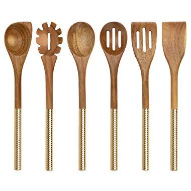 Country Kitchen 6 Piece Utensil Set - Acacia Wooden Heads with Gold Stainless Steel Handles for Serving and Cooking