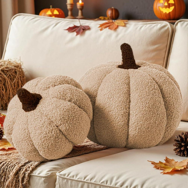 Lanpn Fall Pumpkin Pillows Set of 2, Halloween Decoration Plush Throw Pillows Soft Fleece Sherpa Cute 3D Shaped Cushion for Sofa Couch Bedroom Autumn Thanksgiving (Beige, 12.6x8.7in & 9x5.9in)
