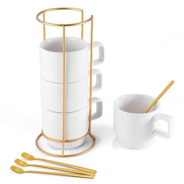 LURRIER Porcelain Large Stackable Coffee Mug Set with Rack and Wooden Base,Marble Pattern Hand-crafted Coffee Cup Set,10Oz for Coffee,Tea,Cocoa,Milk,Set of 4 (Pure White)