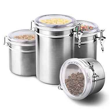 4-Piece Stainless Steel Airtight Canister Set, Food Storage Container for Kitchen Counter, Sugar, Coffee, Canister with Clear Acrylic Lid Locking Clamp 28 oz, 32 oz, 38 oz, 65 oz
