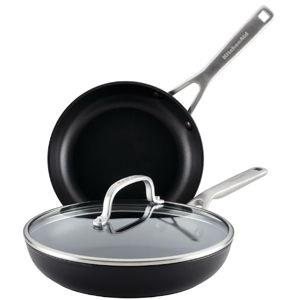 KitchenAid Hard Anodized Induction Nonstick Frying Pan Set With Lid, 3-Piece – 8 & 10 Inch Skillets, Durable, Even Heating, Dishwasher & Oven Safe, Easy-Clean, Matte Black