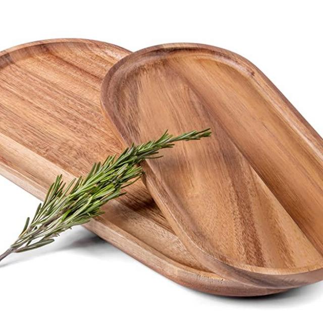 SPEShh Set of 2 Acacia Wooden Serving Trays - Rectangular Oval Shaped Wood Plates for Charcuterie Cheese Bread Fruit Vegetable Dip Sushi Food - Rustic Serving Platter Shallow Dishes - 14x7" & 11x5.5"