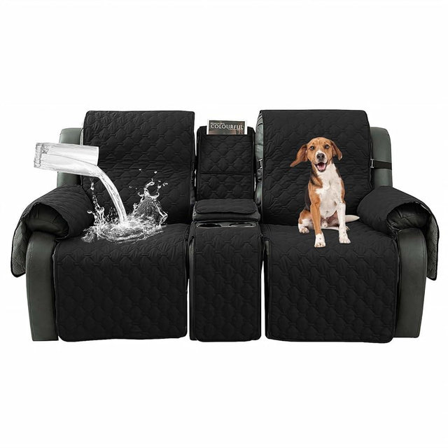 Taque Loveseat Recliner Cover with Center Console, 100% Waterproof Pet Cover for Dual Recliner with Straps Design, Split Reclining Loveseat Covers Furniture Pet&Kids Protector (Black)