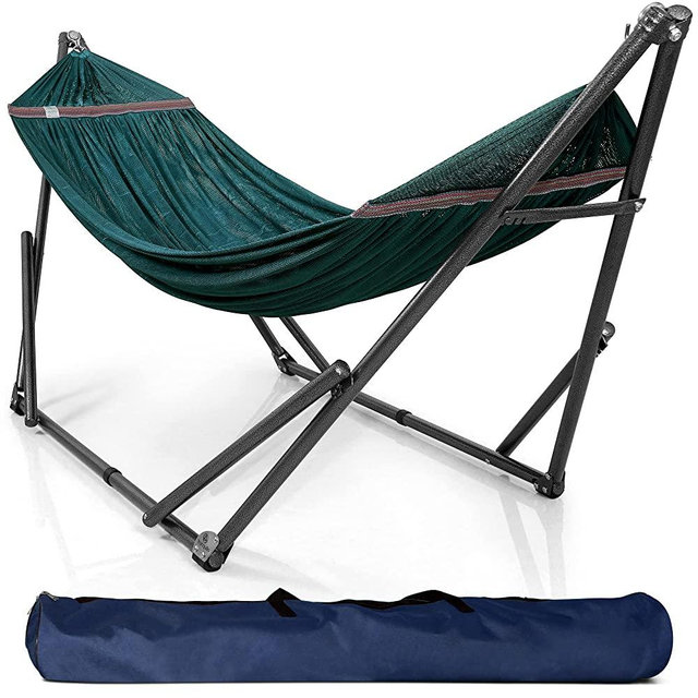 Tranquillo Universal Collapsible Hammock Stand Electro Static Coated Steel, Adjustable Hammock Stand with 2 Layered Polyester Net and Carry Bag, Foldable Hammock Stand for 2 Persons, 550 lbs, Peacock