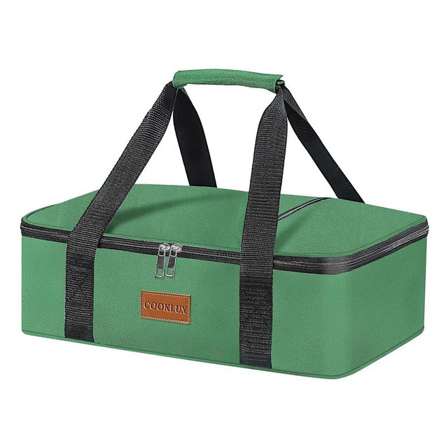 Insulated Casserole Carrier - Insulated Thermal Carry Bag for Hot or Cold Food, 9"X13" Casserole/Baking Dish Carrier for Travel/Party, Durable Nylon, Green, Single Layer with Zip Pockets