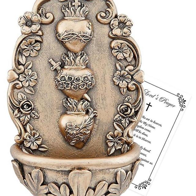 Holy Water Font for Home Catholic Decor - Bronze Finish Sacred Heart Holy Water Holder for Wall, Lord's Prayer Card - Holy Water Font for Wall, Altar, Home - Fuente De Agua Bendita - 2 Items Set
