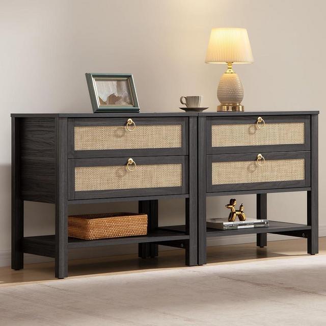 SICOTAS Night Stand Set of 2, Large Nightstand with Drawers and Storage Shelf - Rattan Boho Bedside Table Narrow Side Table for Bedroom, Small Space