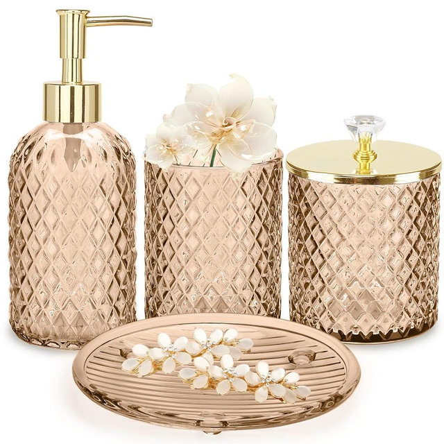 Haturi Amber Brown Bathroom Accessories Set, 4Pcs Glass Bathroom Accessory Set Complete w/Soap Dispenser, Toothbrush Holder, Qtip Holder, Soap Dish, Gold Bathroom Decor Sets, Gift for Home Apartment