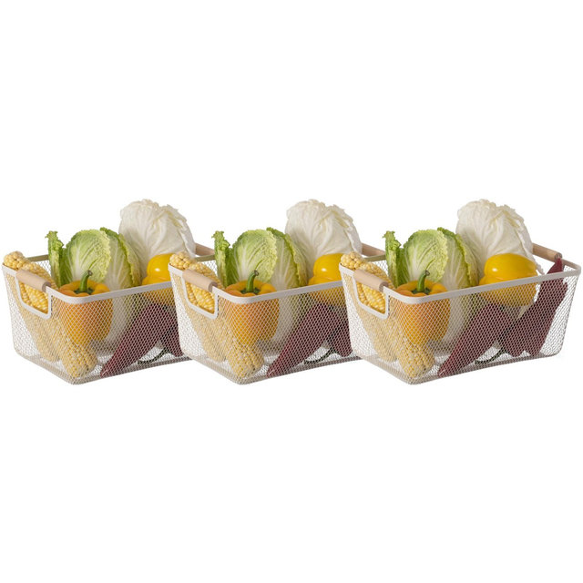Basicwise Set of 3 Medium Multipurpose Metal Mesh Basket with Wooden Handle Storage Organizers for Kitchen, Bathroom, Cabinet, and Closet