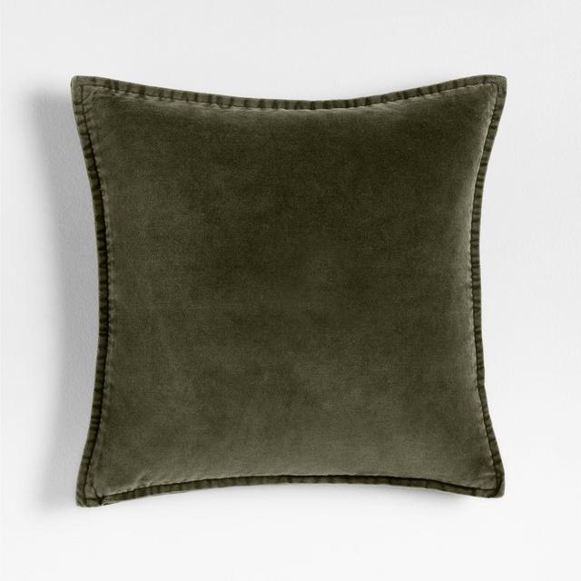 Relaxed Washed Organic Cotton Velvet 20"x20" Burnt Green Throw Pillow with Down-Alternative Insert