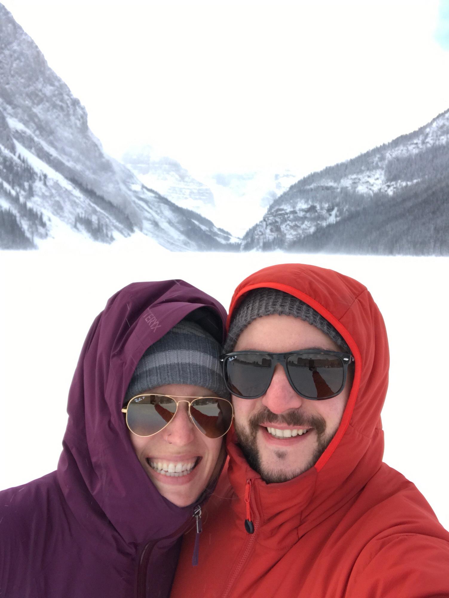 Snow shoeing on Lake Louise in Banff, Alberta.