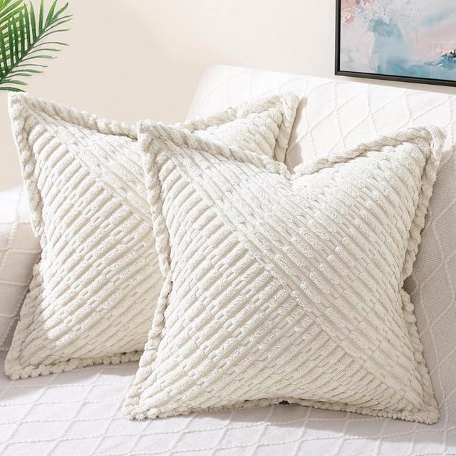 decorUhome Decorative Cream White Throw Pillow Covers 18x18 Set of 2 with Splicing, Boho Soft Corduroy Broadside Twill Pillow Covers for Couch Bed Sofa Living Room