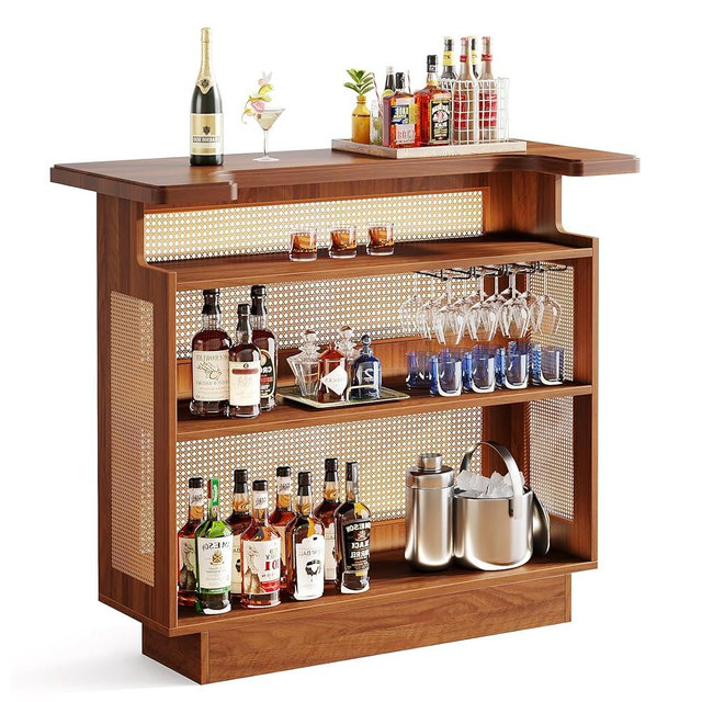 LITTLE TREE Rustic Home Bar Unit, Rattan Bar Table with 4 Tiers Storage, Liquor Wine Bar Cabinet Mini Bar Table for Home Pub Entertaining, Vintage Brown