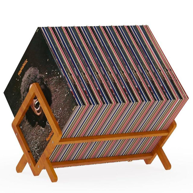 Bamboo Vinyl Record Holder Stand, Magazine Holders Desktop Bookshelf Storage Rack With Divider, Holds up to 80-100 LPs, Classical Design Organizer Rack for Files Book Notebook Magazine Vinyl Record