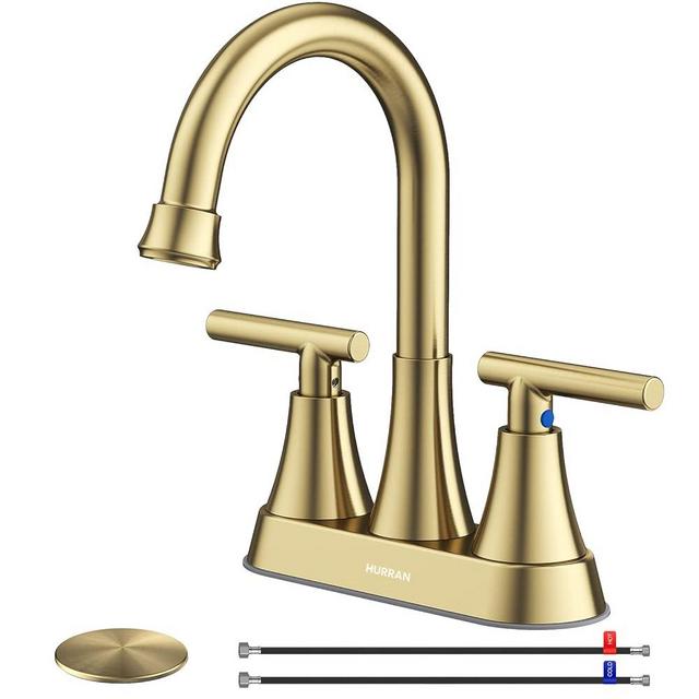 Hurran 4 inch Brushed Gold Bathroom Sink Faucet with Pop-up Drain and 2 Supply Hoses, Stainless Steel Lead-Free 2-Handle Centerset Faucet for Vanity RV